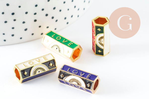 Perle tube talisman message "LOVE" émail coloré laiton doré 21.5 mm, x1 (G9415)