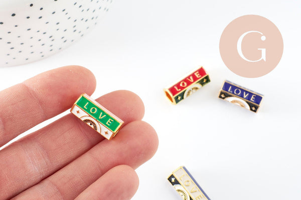 Perle tube talisman message "LOVE" émail coloré laiton doré 21.5 mm, x1 (G9415)