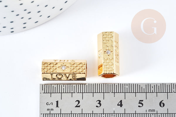 Perle tube talisman message THIS IS LOVE cristal laiton doré 21mm, perle dorée bijoux chance, x1 G7673