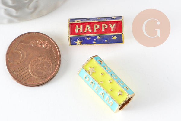 Perle tube talisman message "happy" "dream" émail coloré laiton doré 21,5 mm, perle dorée à message , x1 G8027