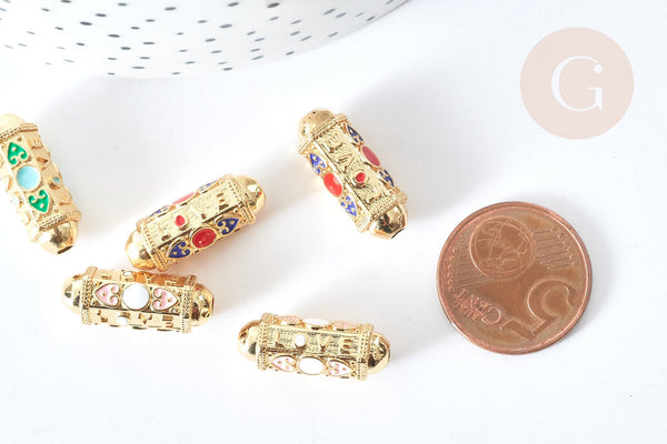 Perle tube talisman message "love" émail coloré laiton doré 21 mm, perle dorée à message , x1 G8246