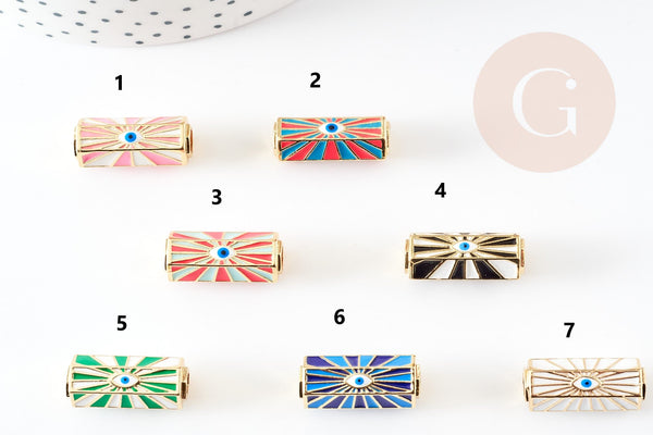 Perle tube talisman oeil protecteur émail coloré laiton doré 22 mm, x1 (G8506)