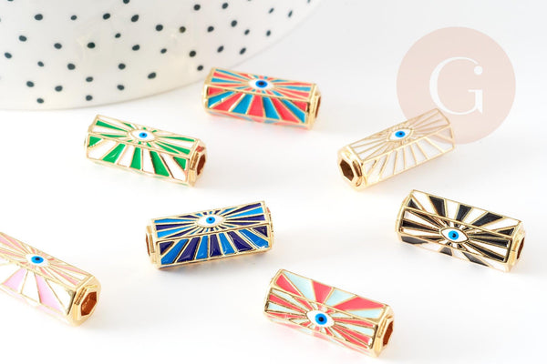 Perle tube talisman oeil protecteur émail coloré laiton doré 22 mm, x1 (G8506)