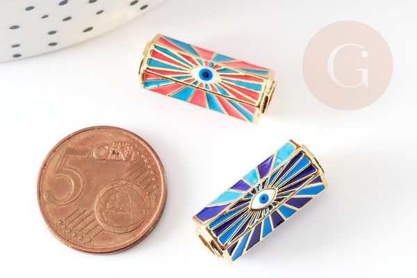 Perle tube talisman oeil protecteur émail coloré laiton doré 22 mm, x1 (G8506)