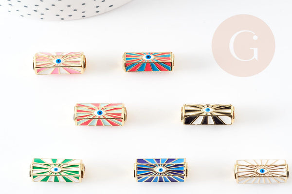 Perle tube talisman oeil protecteur émail coloré laiton doré 22 mm, x1 (G8506)