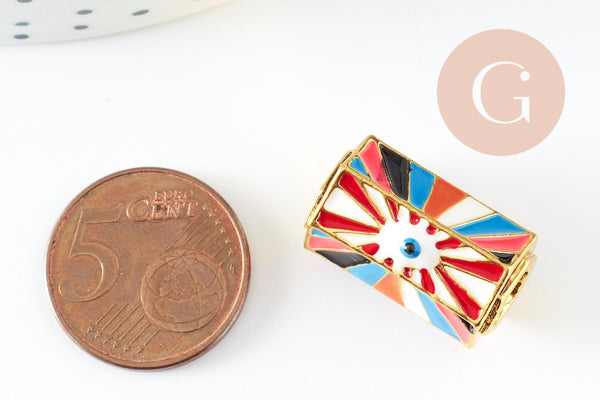 Perle tube talisman oeil protecteur émail multicolore laiton doré 21mm, perle dorée bijoux chance, x1 G9414