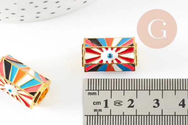 Perle tube talisman oeil protecteur émail multicolore laiton doré 21mm, perle dorée bijoux chance, x1 G9414