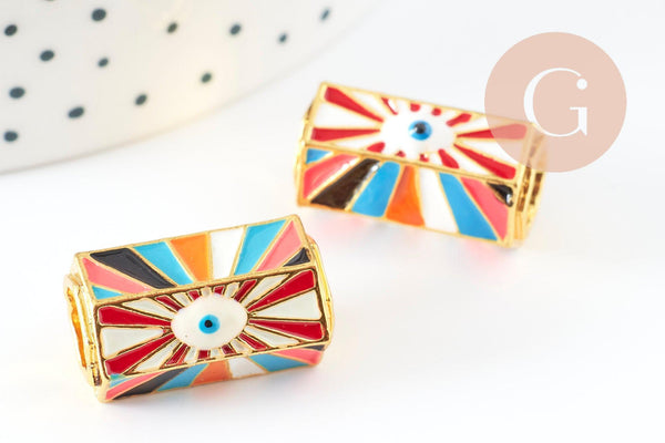 Perle tube talisman oeil protecteur émail multicolore laiton doré 21mm, perle dorée bijoux chance, x1 G9414