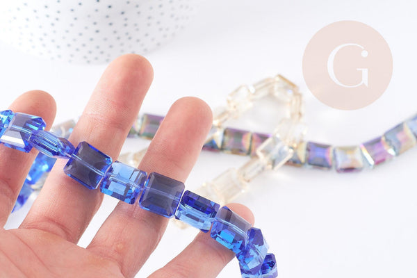 Perle verre carré irisé facetté 12mm, x5 perles (G9076)