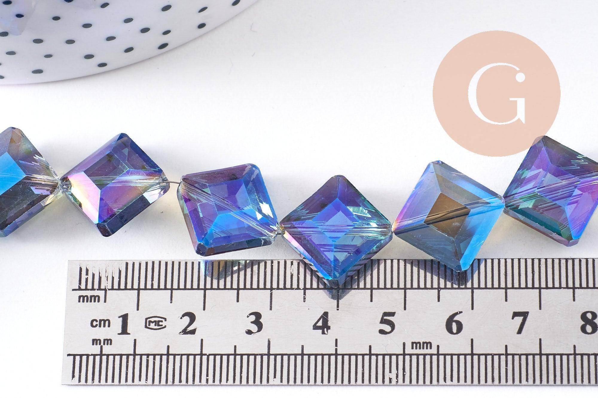 Perle verre losange irisé facetté 17mm, perles carrée, perles verre pour création bijoux,fil de 35 perles, X1 (G6064)