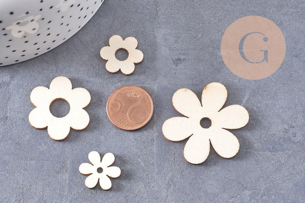 Perles Fleur en bois brut rondes 18-39mm, x10 (G10543)