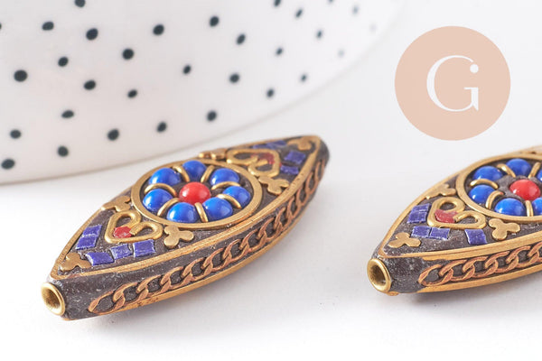 Perles Indonésiennes manuelles, avec les accessoires en laiton, oeil de cheval, or, bleu x1 (G5755)