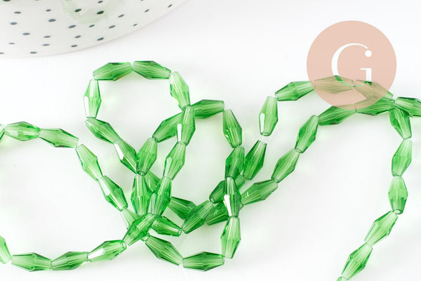 Perles Losange verre transparente facettée vert foncé 8x4mm, perle verre verte, cristal, fil de 58cm, x1 (G7446)