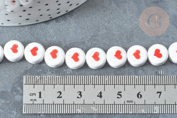 Perles Rondes plates porcelaine blanche cœur rouge 10.5x5.5mm,bijoux porcelaine, fil de 30cm, x1 G7804