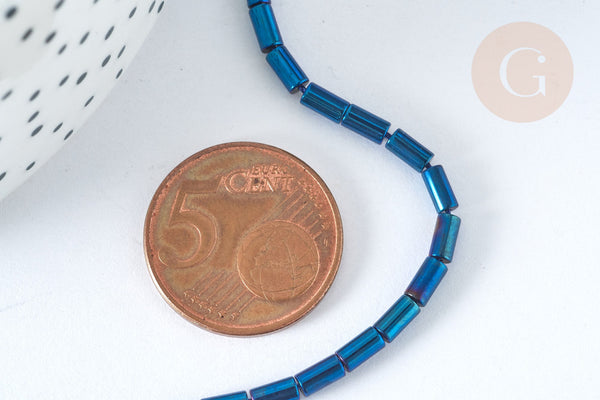 Perles Tube verre bleu irisé 4.5x2.5mm,perle tissage et fabrication bijoux,le fil de 36cm (G7337)