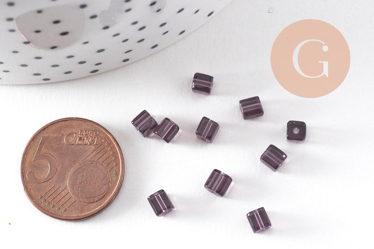 Perles carrées violettes, fourniture créative, perles verre tchèque, perles verre violet, création bijoux,4mm, x50 (G0542)