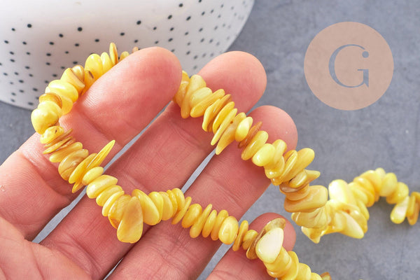 Perles chips de coquillage naturel jaune, 20mm,le fil 76cm, x1 (G8049)