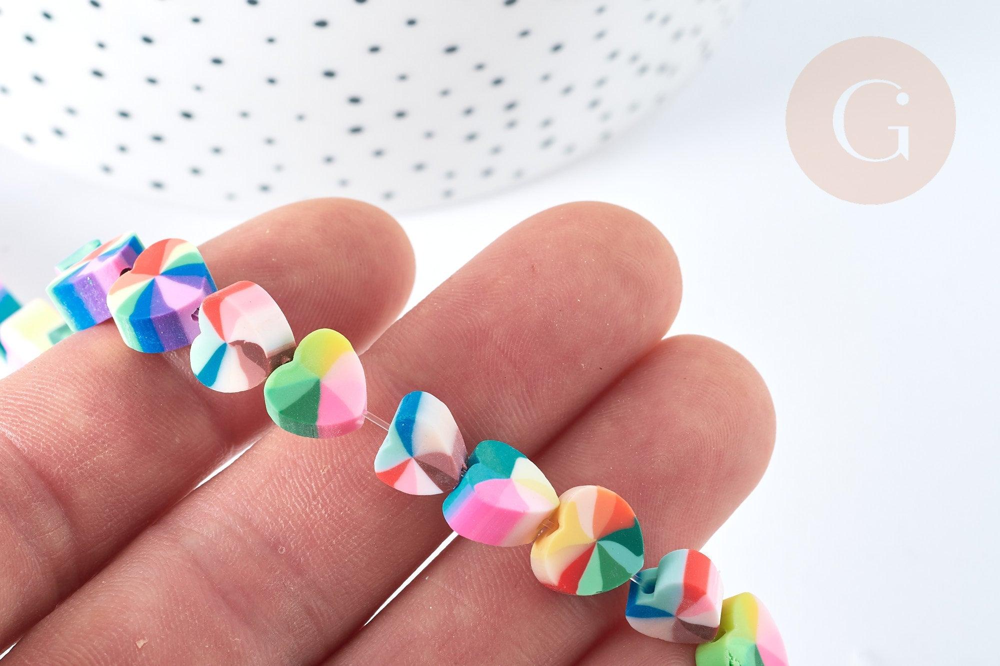 Perles cœur polymère multicolore heishi 9mm, Perles plastique coeur, le fil de 34cm G7200