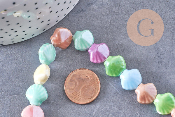 Perles coquillage porcelaine multicolore 13.5mm, x1 fil de 30cm (G10324)