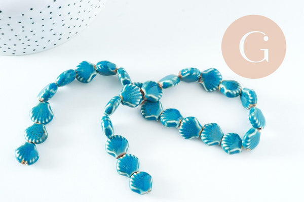 Perles coquillage porcelaine vert bleu 13.5mm, x1 fil de 30cm (G10733)