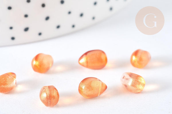 Perles cristal goutte orange paillettes dorées 9mm, x50 (G7290)