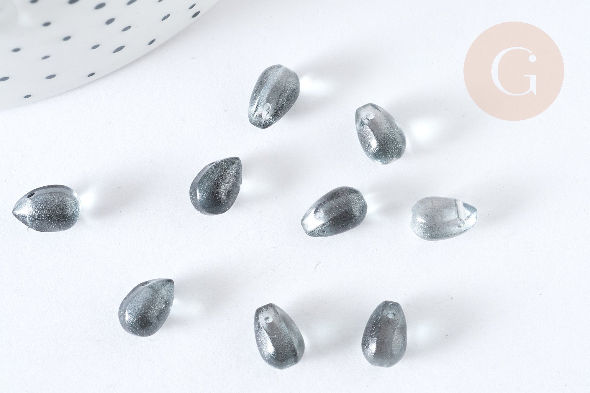 Perles cristal transparent goutte paillettes dorées 9mm, verre, x50 (G7295)