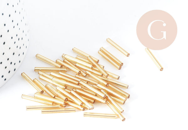 Perles de rocaille tubes doré métallique 20x2.5mm, fabrication de bijoux bijoux fantaisie, x 10gr G8989