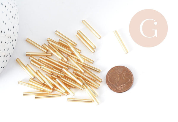 Perles de rocaille tubes doré métallique 20x2.5mm, fabrication de bijoux bijoux fantaisie, x 10gr G8989