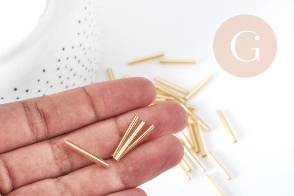 Perles de rocaille tubes doré métallique 20x2.5mm, fabrication de bijoux bijoux fantaisie, x 10gr G8989