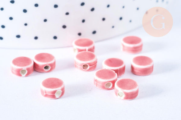 Perles disque porcelaine rose 8mm, x10 (G9344)
