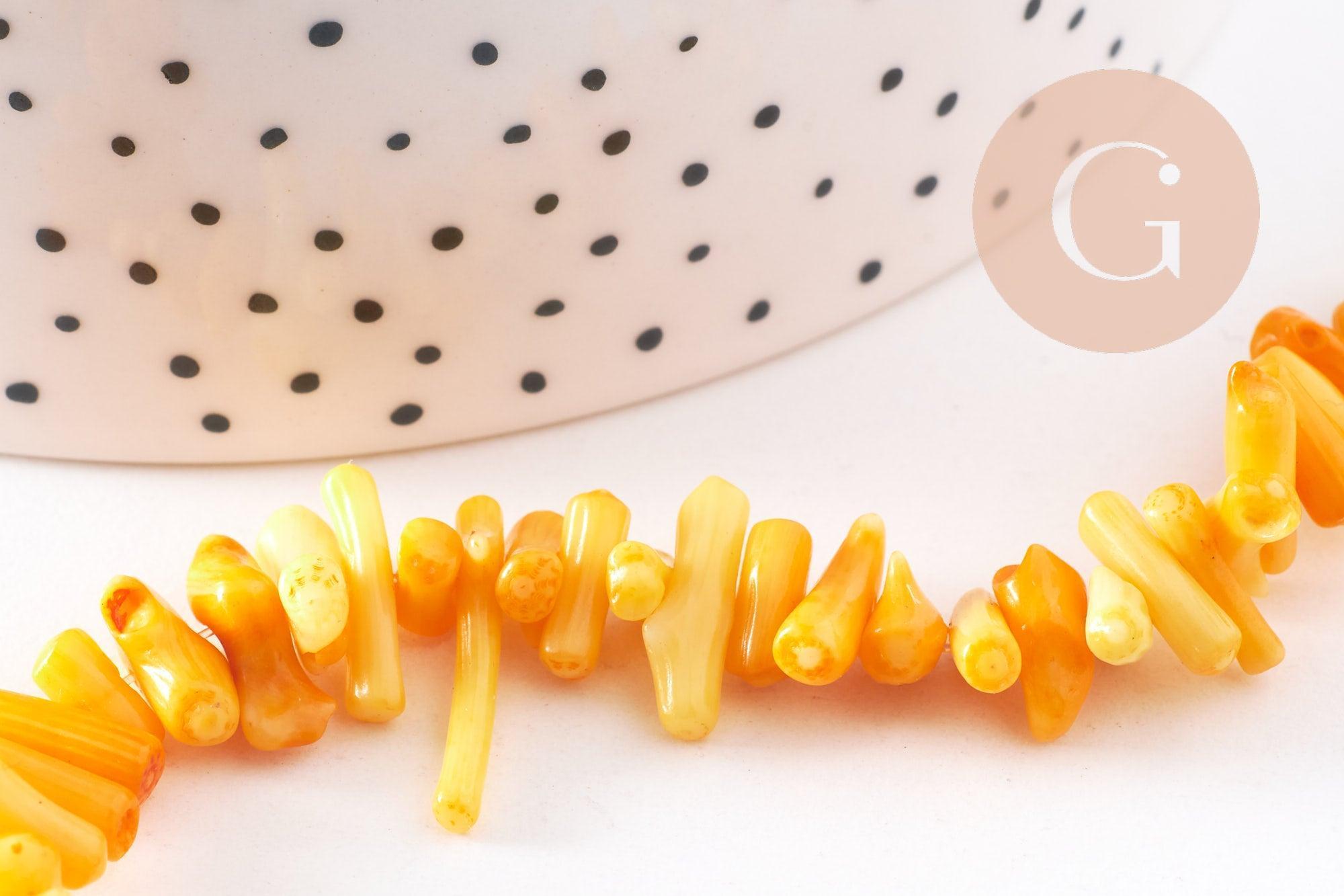 Perles en corail jaune safran, corail naturel, coquillage jaune,4-18mm, fil de 42cm, x1 (G4588)