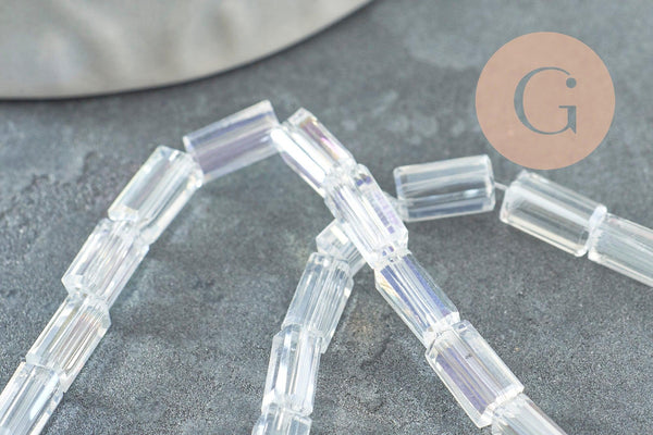 Perles facette rectangulaire verre irisé transparent, verre, rectangle, fil de 54cm, x1 (G2324)