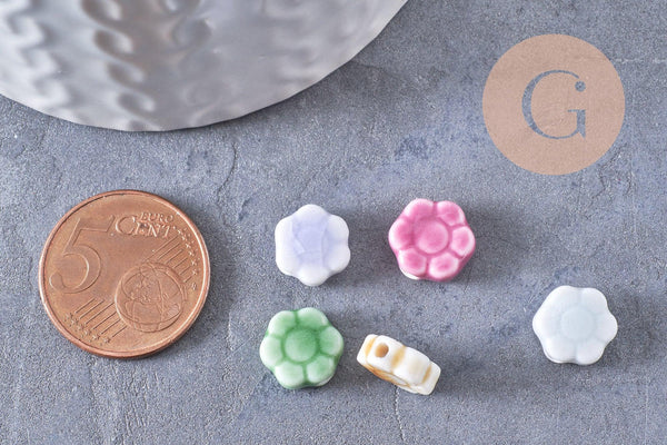 Perles fleur porcelaine multicolore antique 10mm, x5 (G10281)