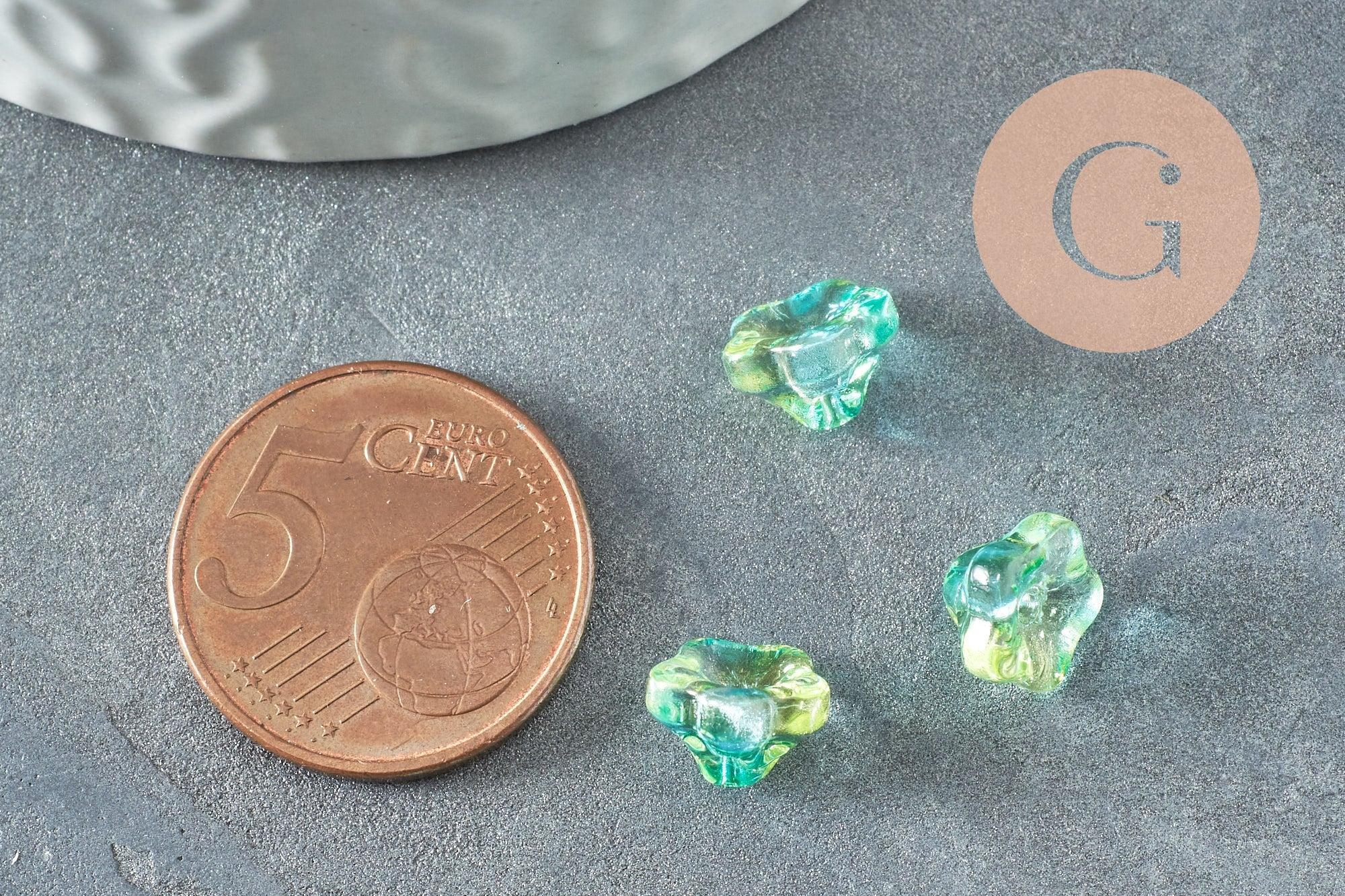 Perles fleur verre tchèque bleu vert transparent 8.5mm, x10 (G9836)