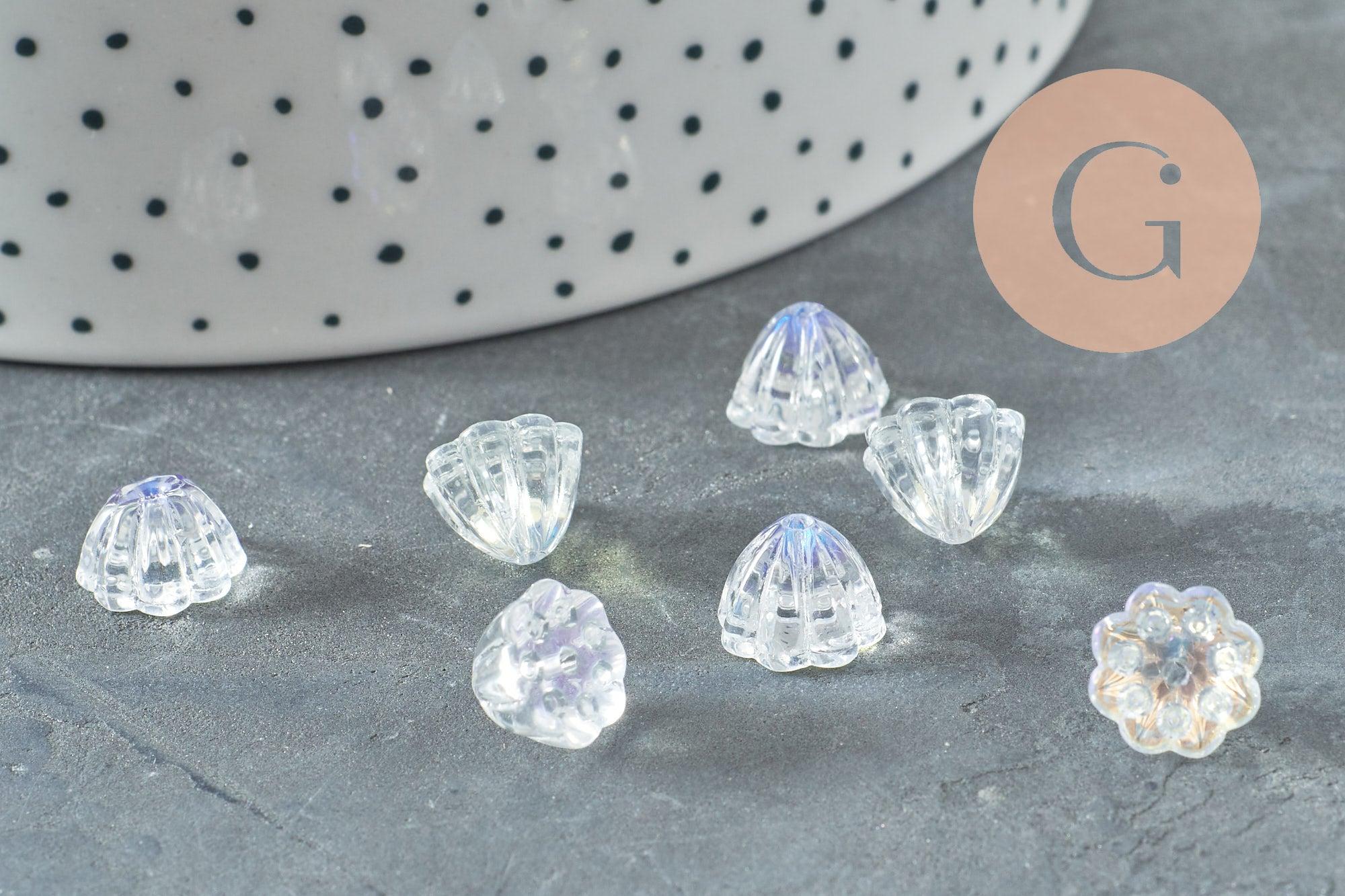 Perles fleur verre transparent opalescent 11 mm, perles verre tchèque, perles fleur, x10 (G9820)