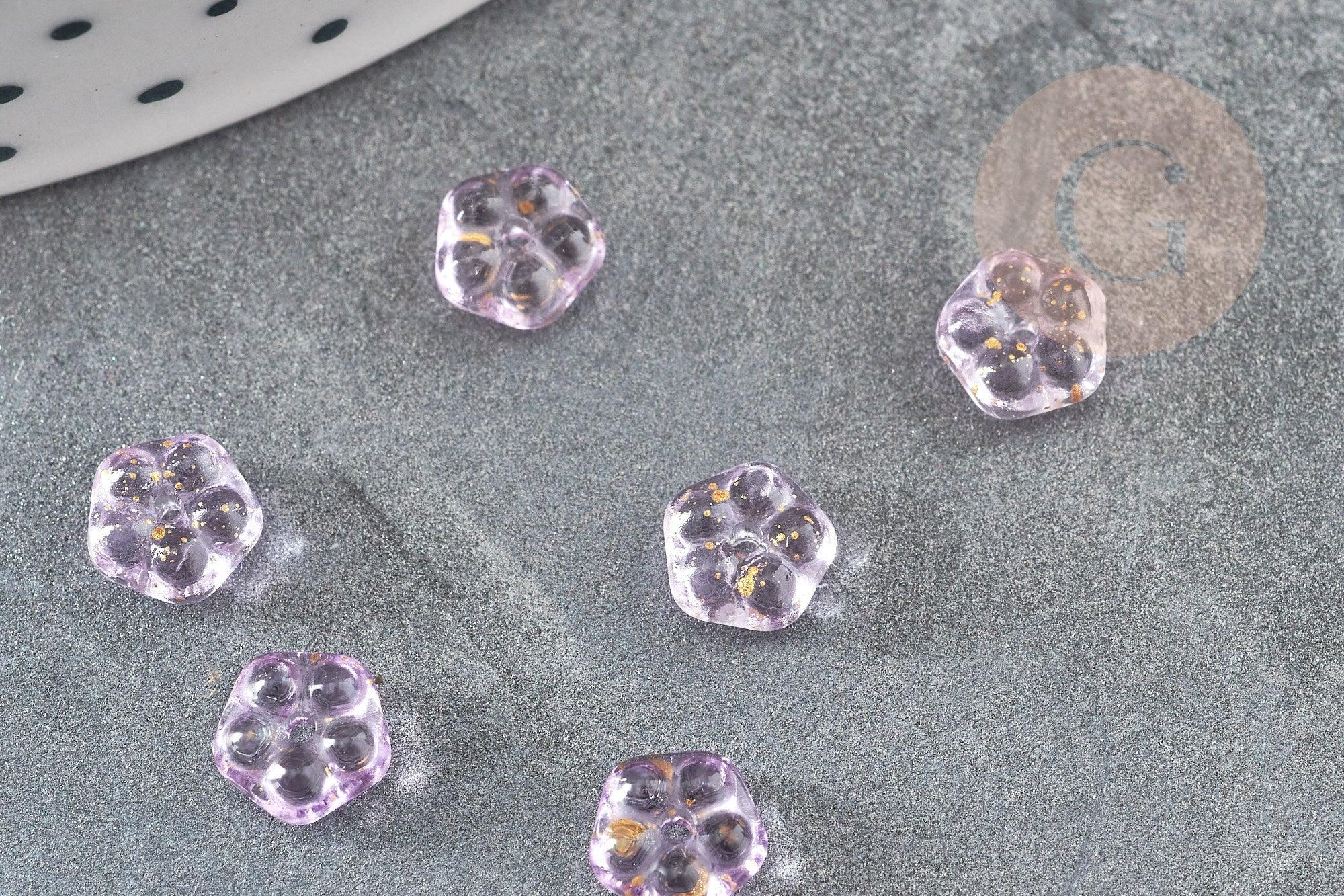 Perles fleur verre violet et or, perles verre tchèque, perles fleur, verre violet, 6x3mm, x10 (G4196)