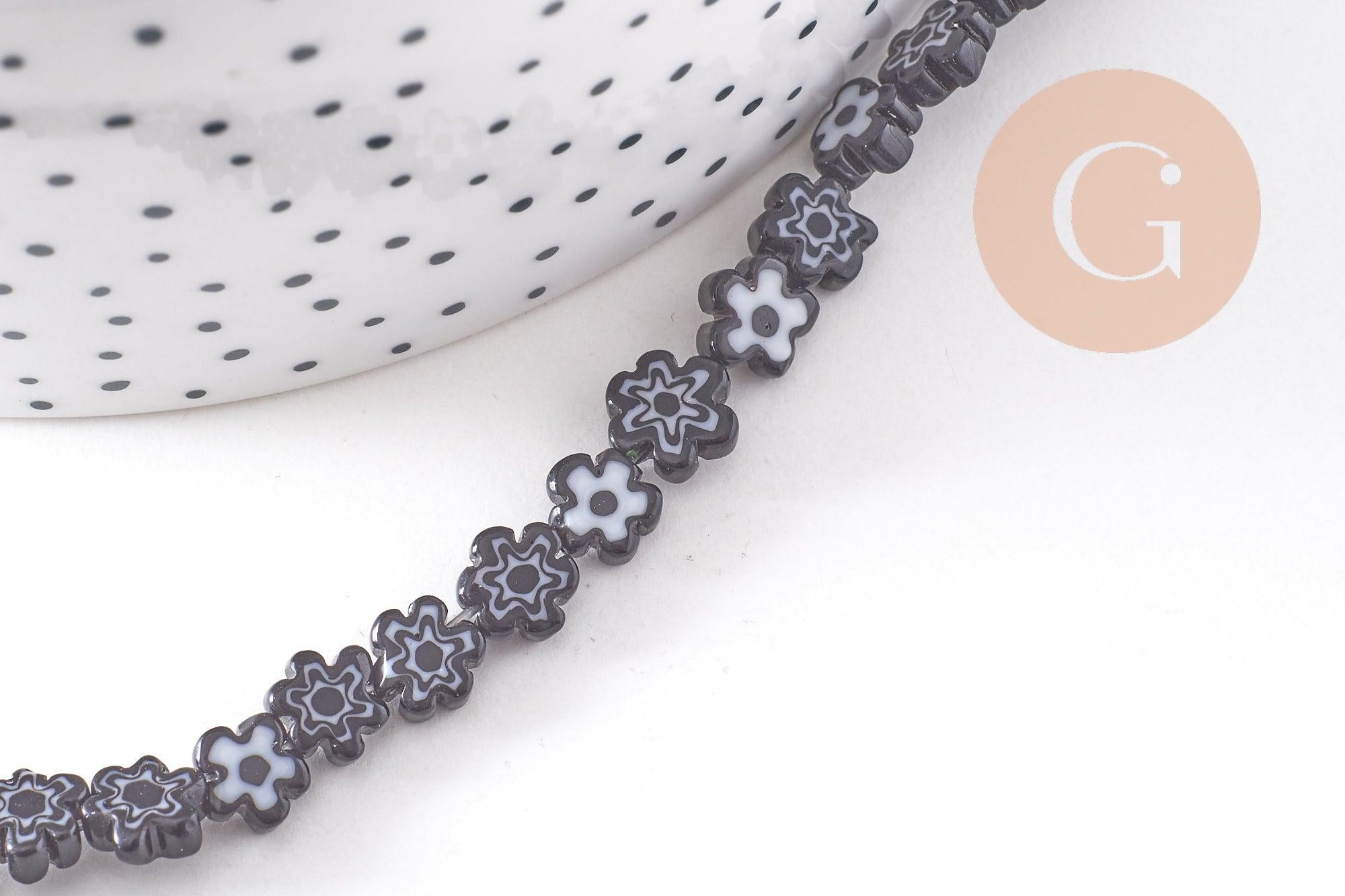 Perles fleurs verre millefiori artisanal 6.5-9mm, x1 fil de 40cm (G10493)