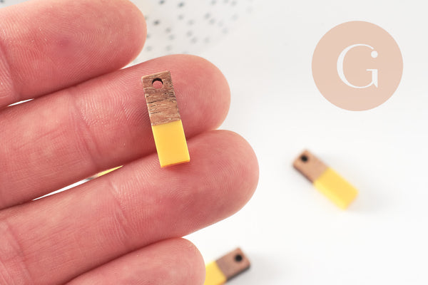 Perles gouttes bois et résine rectangle jaune 17mm, x5 G4663