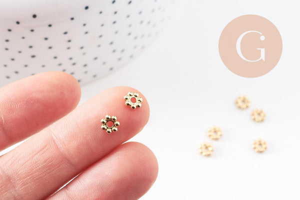 Perles intercalaires rondelles fleurs acier 304 inoxydable doré 18K 6mm, x10 (G10905)