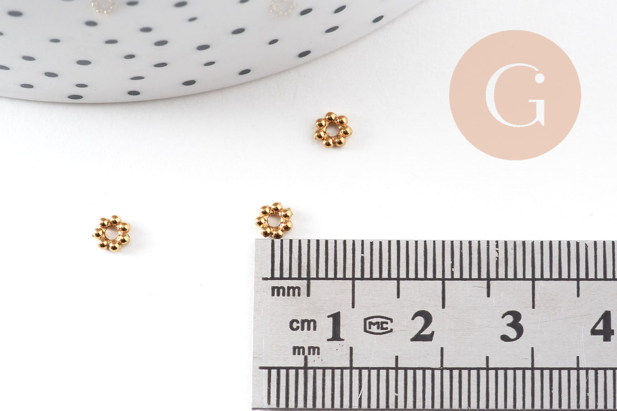 Perles intercalaires Rondelles fleurs acier 304 inoxydable doré IP 4mm, x10 (G10892)