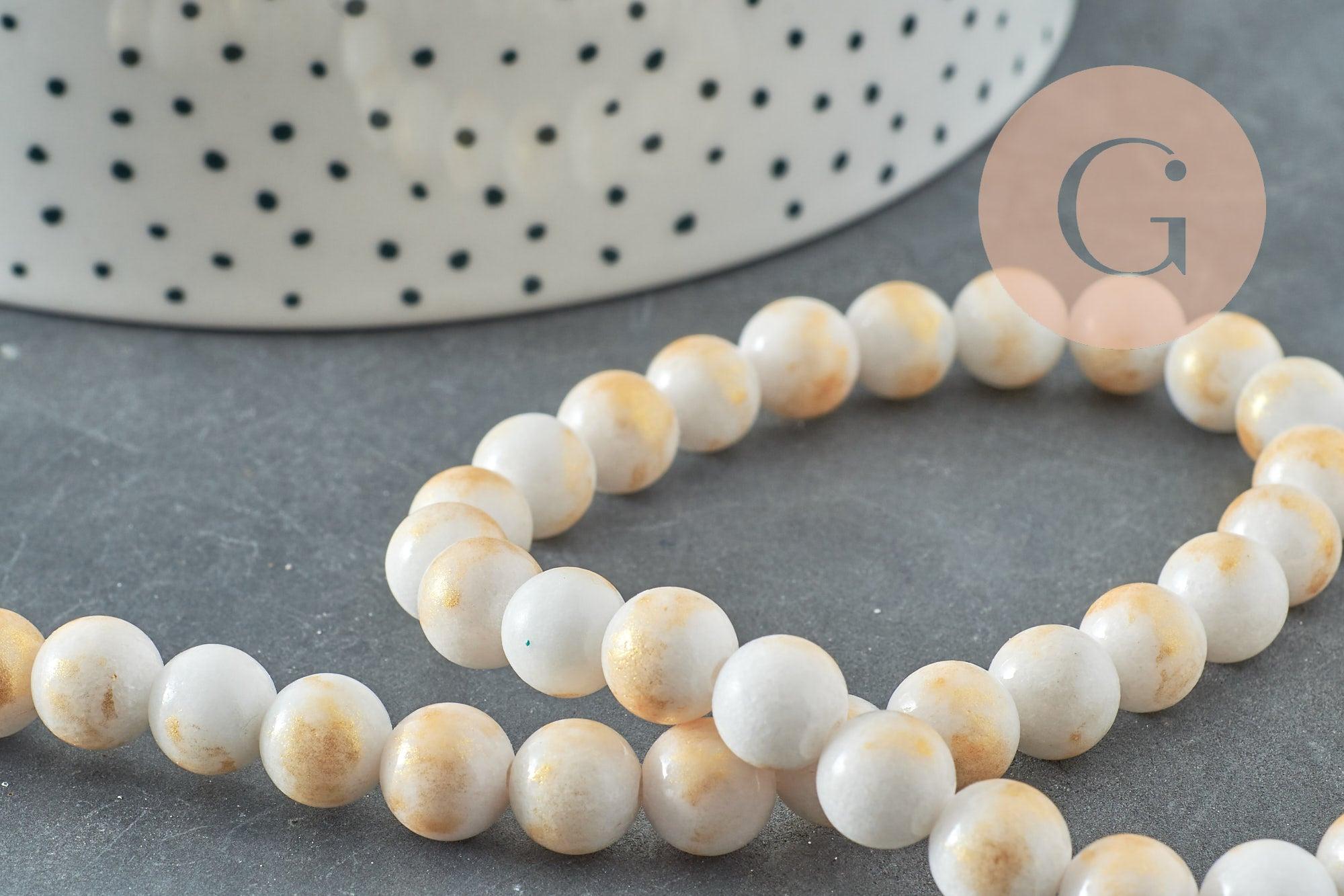 Perles jade blanc et or, perles rondes, jade mashan bleu,pierre naturelle, 8mm, fil de 40cm, x1 (G1800)