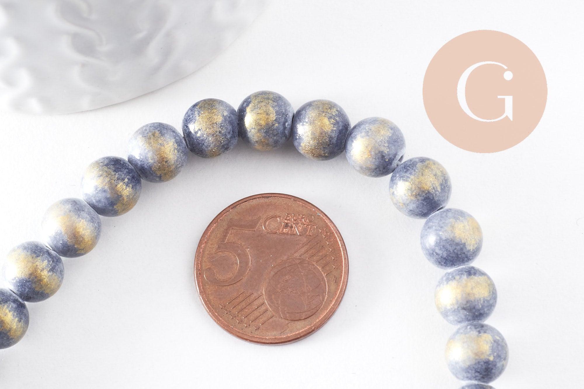 Perles jade bleu et or, perles rondes, jade mashan bleu,pierre naturelle, 8mm, fil de 40cm (G1533)