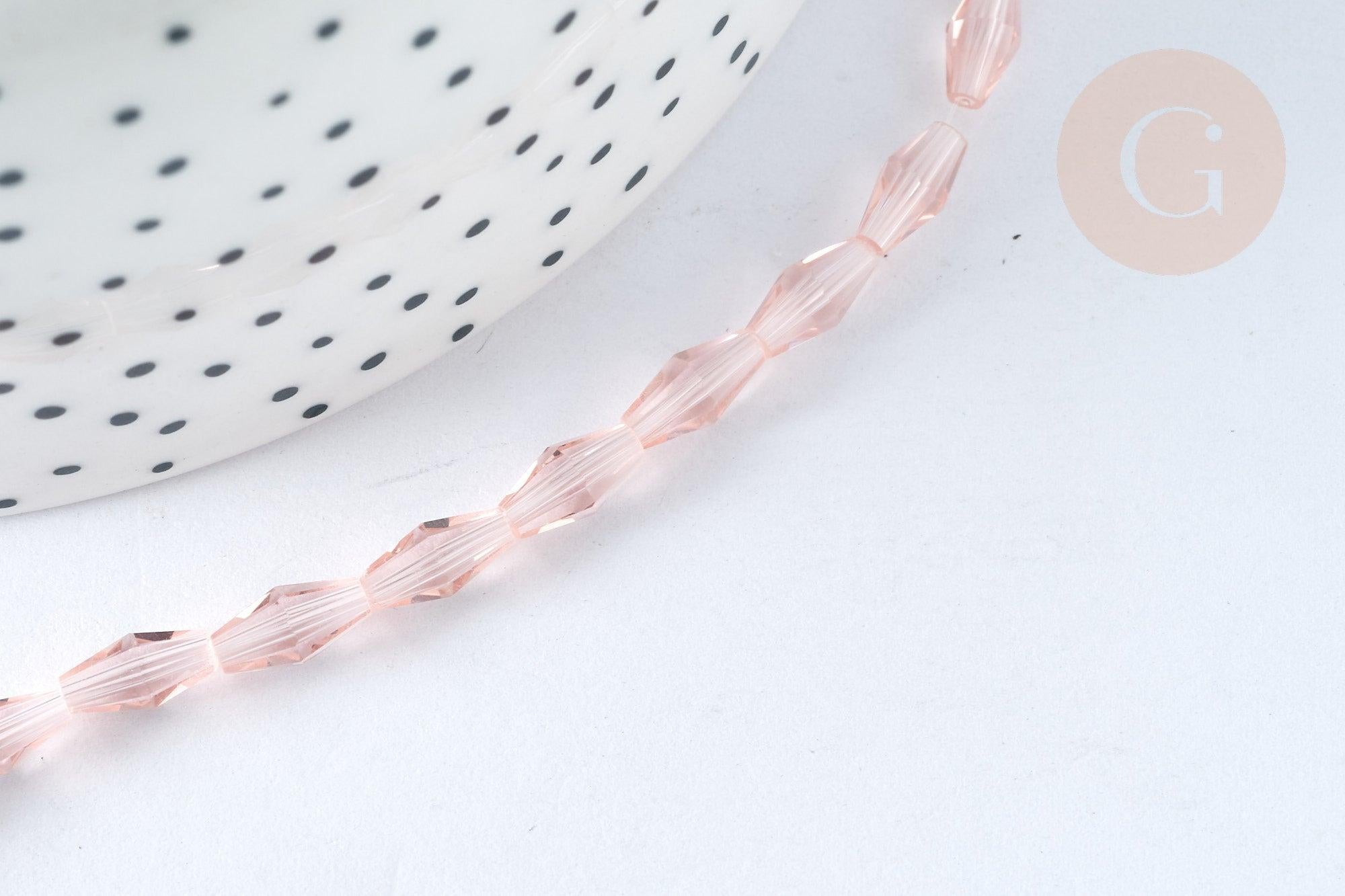 Perles losanges verre facettées transparente rose clair 8x4mm, cristal, fil de 58.4cm, x1 (G7329)