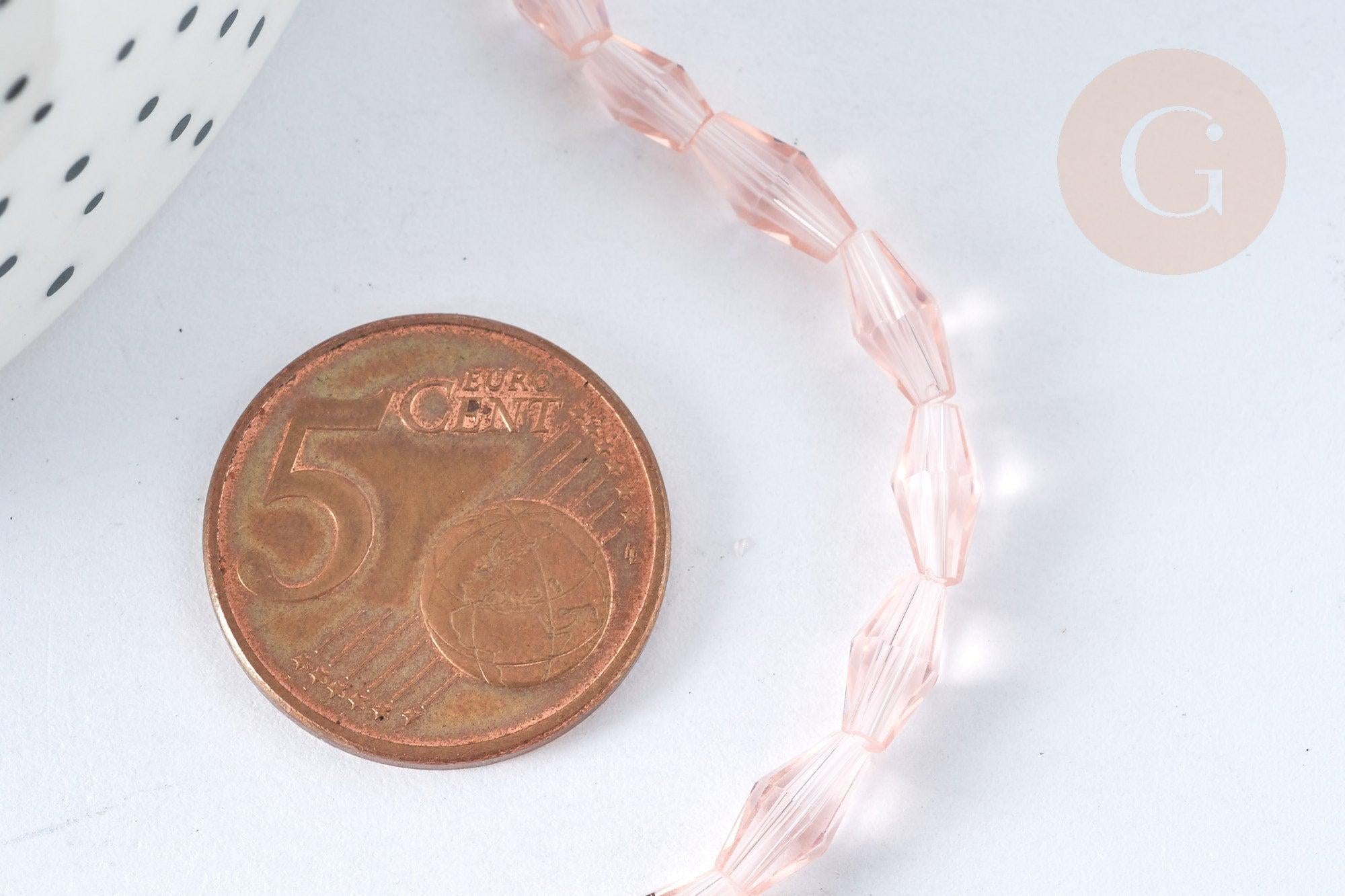 Perles losanges verre facettées transparente rose clair 8x4mm, cristal, fil de 58.4cm, x1 (G7329)