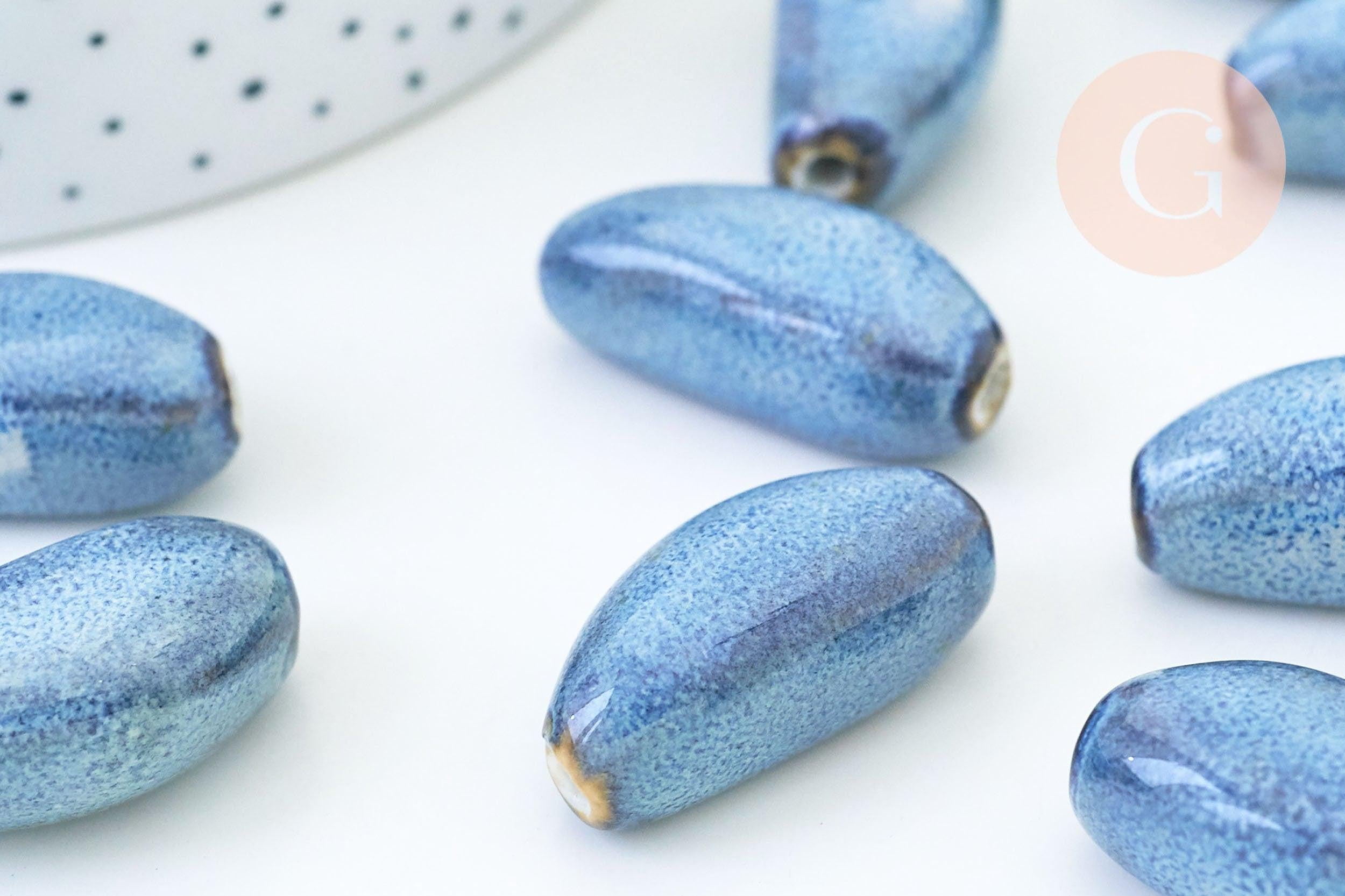Perles ovales porcelaine bleue 32mm, x5 (G5503)