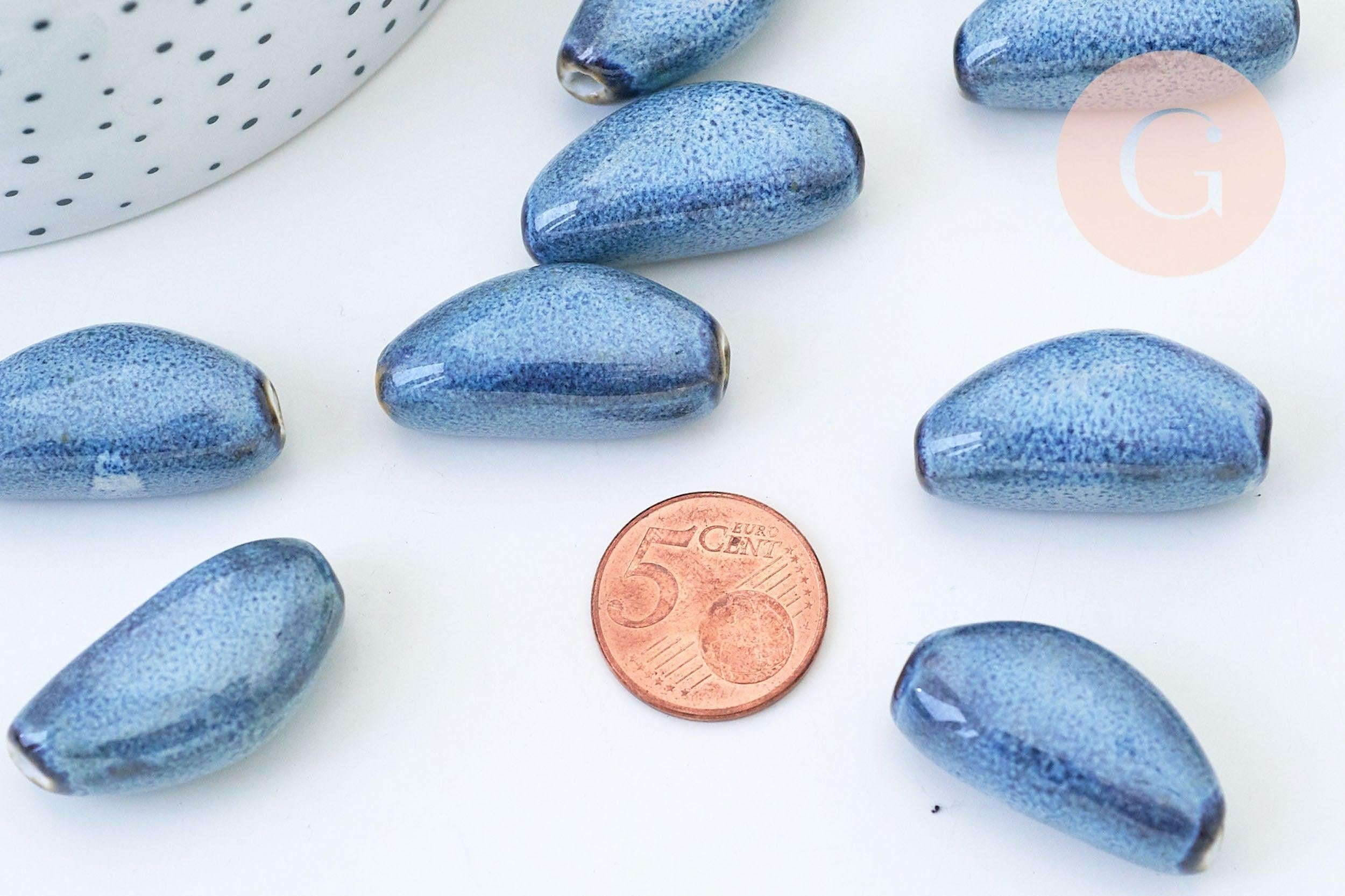 Perles ovales porcelaine bleue 32mm, x5 (G5503)