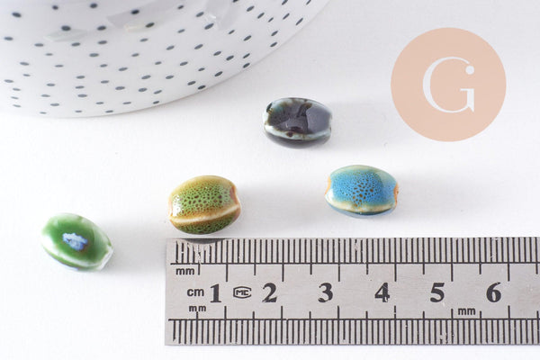 Perles ovales porcelaine multicolore antique 12-14mm, x10 (G10322)