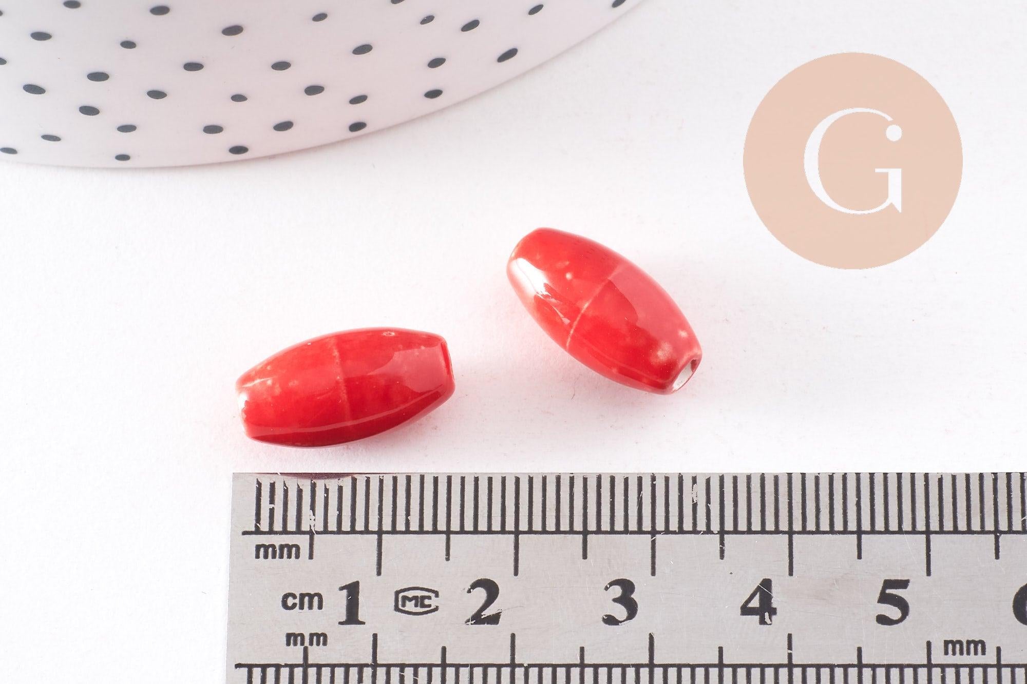Perles ovales porcelaine rouge,perles céramique, porcelaine émaillée, 1.6cm, x5 (G5380)