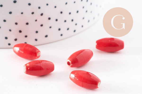 Perles ovales porcelaine rouge,perles céramique, porcelaine émaillée, perle ovales, création bijoux, 1.6cm, x5 G5380
