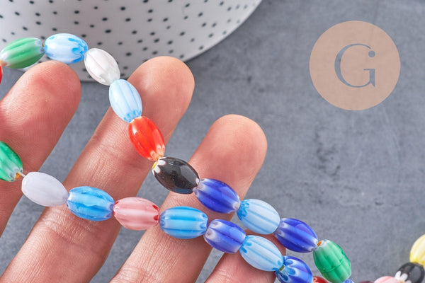 Perles ovales verre millefiori artisanal 12mm, x1 fil de 38cm (G10812)